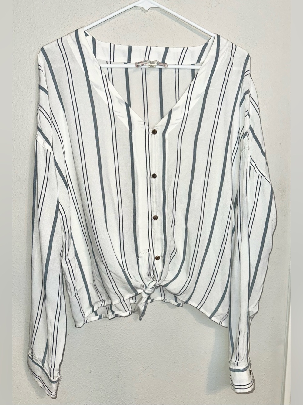 Pink Rose White and Blue Striped Tie-Front Blouse